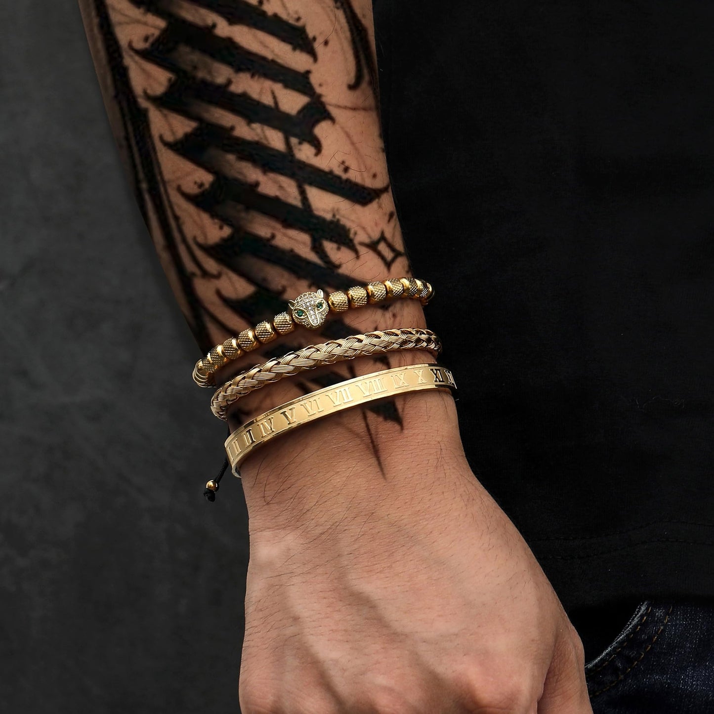 WFYOU 3PCS Stainless Steel Bracelets for Men Gold Roman Numeral Bangle Bracelet Twisted Cable Bracelet Adjustable Cuff Bracelet Mens Luxury Jewelry Bracelets Gifts(O:Gold-CZ Leopard Head)
