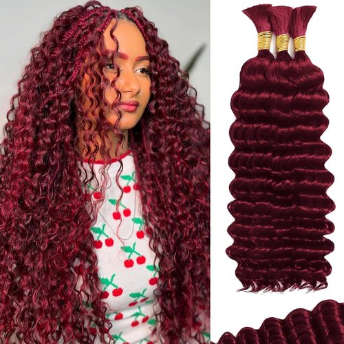 Bizvus 24inch Human Braiding Hair for Boho Braids 110g Deep Wave Boho Bulk Human Hair for Braiding Knotless 12A Wet and Wavy Bulk Bohemian Curly 3 Bundles/Pack #99j Burgundy Color