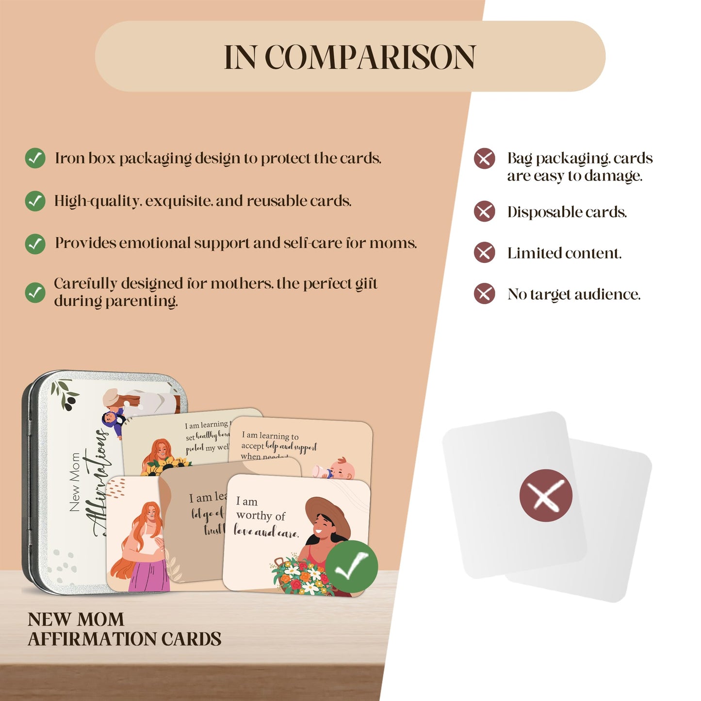 45 PCS New Mom Affirmation Cards for Postpartum - Mothers Day Gifts - New Mom Essentials Gifts with Empowering Messages - Postpartum Affirmation Cards with Wooden Stand & Metal Box for Mothers Day