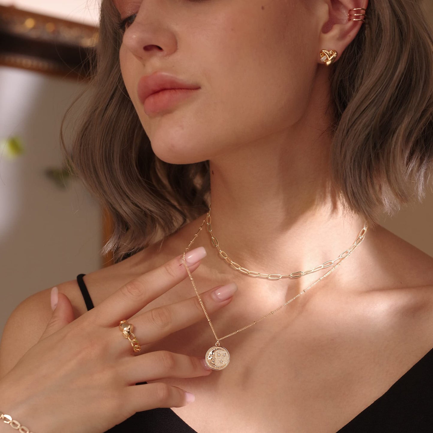 MEVECCO Gold Layered Choker Necklace for Women, 18K Gold Plated Dainty CZ Cresent Moon Pendant Minimalist Paperclip Double Layer Necklace for Jewelry