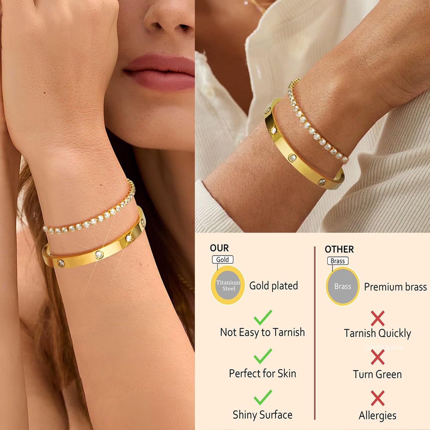 2PCS Gold Bracelets for Women, 18K Gold Plated Love Friendship Bangle Bracelet Set, Adjustment CZ Tennis Bracelet Stack Non Tarnish, Dainty Waterproof Jewelry Gifts for Valentines Day, Easter