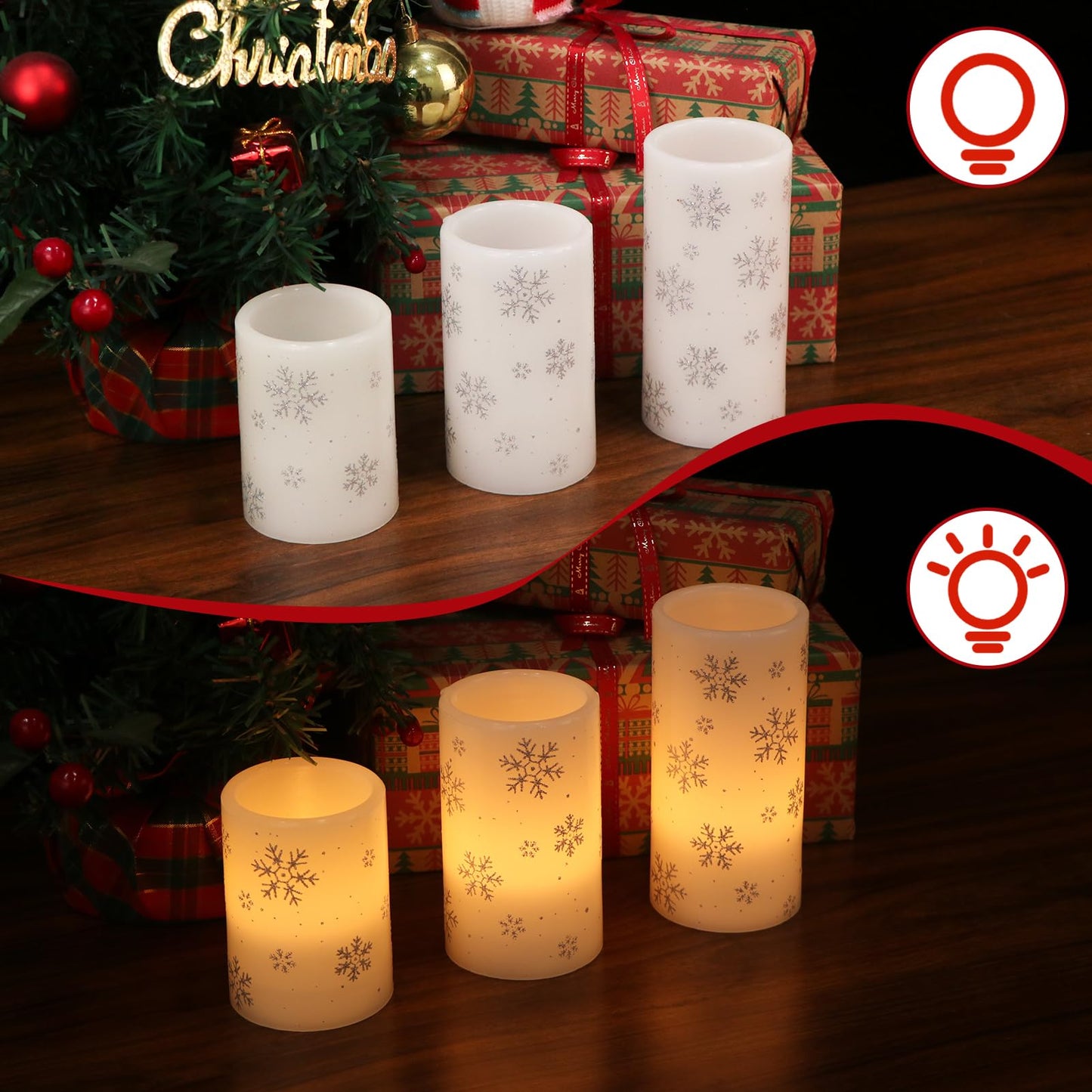 DRomance Silver Snowflake Flameless Flickering Candles Battery Operated with 6H Timer, 3 Pack Real Wax Warm Light LED Pillar Candles Dinner Tabletop Holiday Centerpiece Decor 3" x 6"""