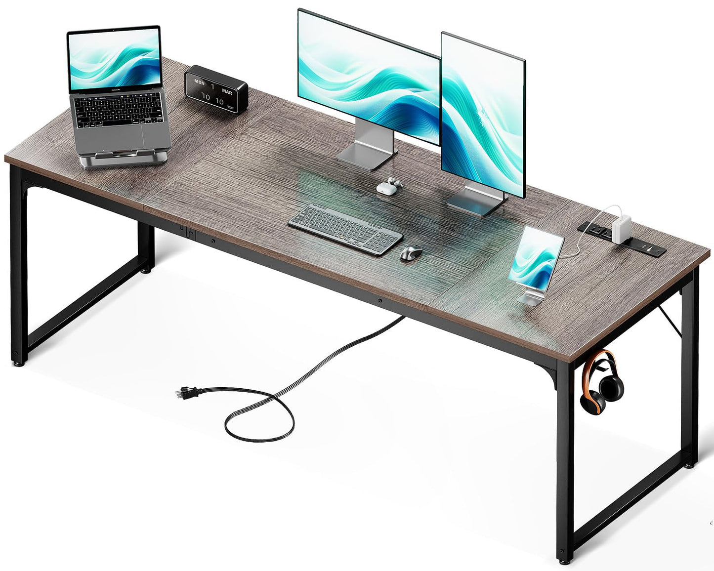 Coleshome 71 x 24 Inch Computer Desk with USB Ports, Large Office Desk, Long Study Student Writing Desk, Grey Oak