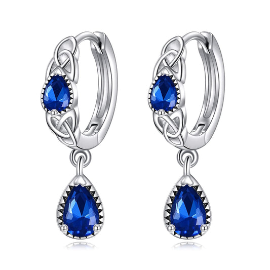 925 Sterling Silver Sapphire Celtic Hoop Earrings Dangle Drop Irish Earrings Huggie September Birthstone Jewelry Birthday Gifts for Women (Sapphire Celtic Hoop)