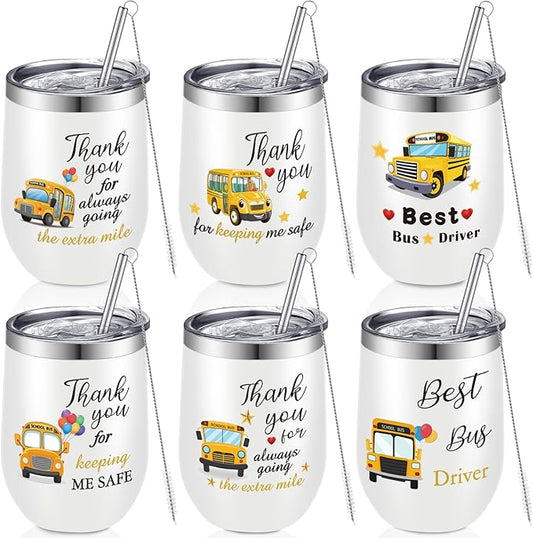 Layhit 6 Pcs School Bus Driver Appreciation Gift Cups Bulk Graduation Gifts for Bus Driver Tumblers 12 oz Stainless Steel with Lids and Straw Back to School Drivers Appreciation Gifts
