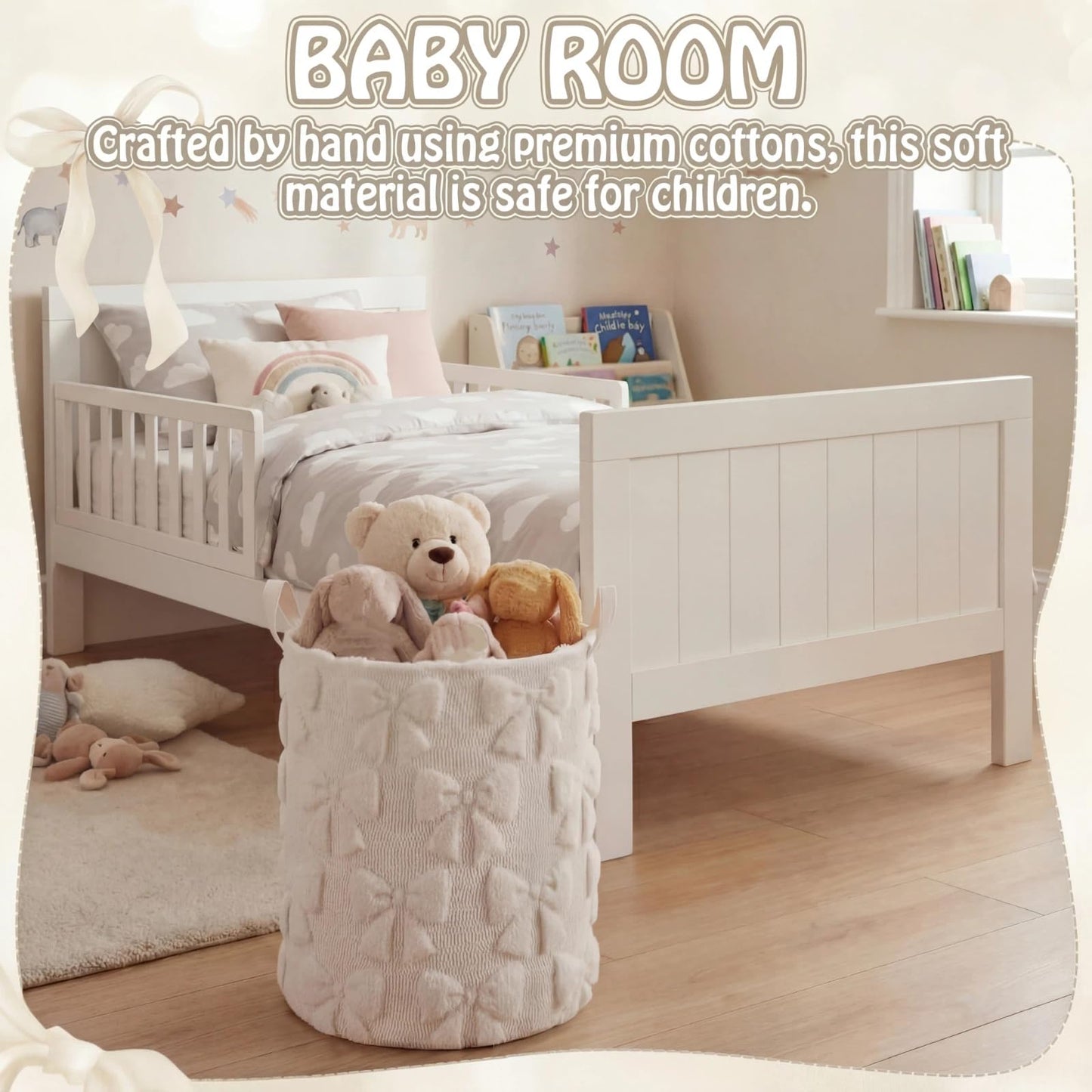 Blushtier White Bow Laundry Hamper Girls Room Decor Coquette White Bow Plush Faux Fur Basket Kids Large Storage Basket Collapsible Organize Bins for Gifts Toys Blanket Clothes Nursery Bedroom