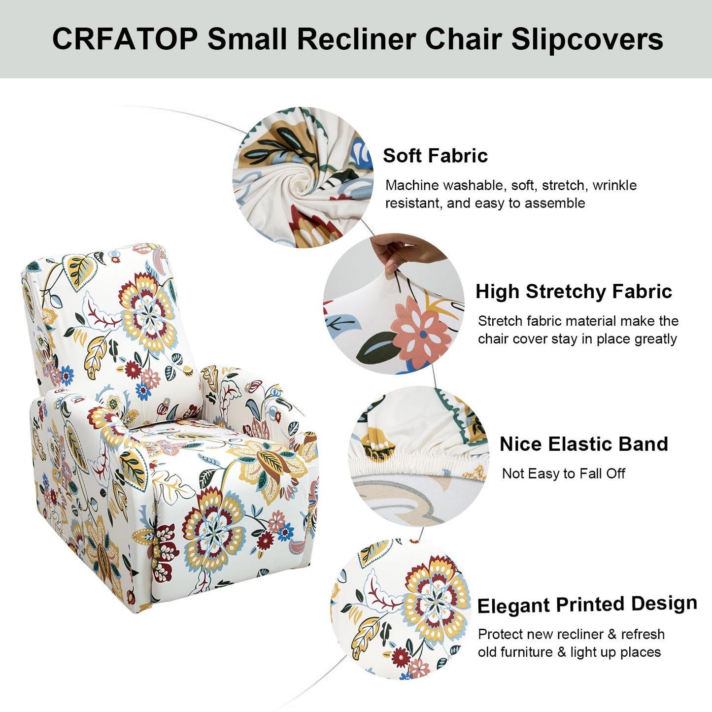 CRFATOP Recliner Chair Covers 4 Pieces Printed Small Reclining Slipcovers with Pocket Stretch Recliner Couch Slipcovers for Home Theater 1 Seat Recliner Sofa Cover for Kids Dogs Pets,01