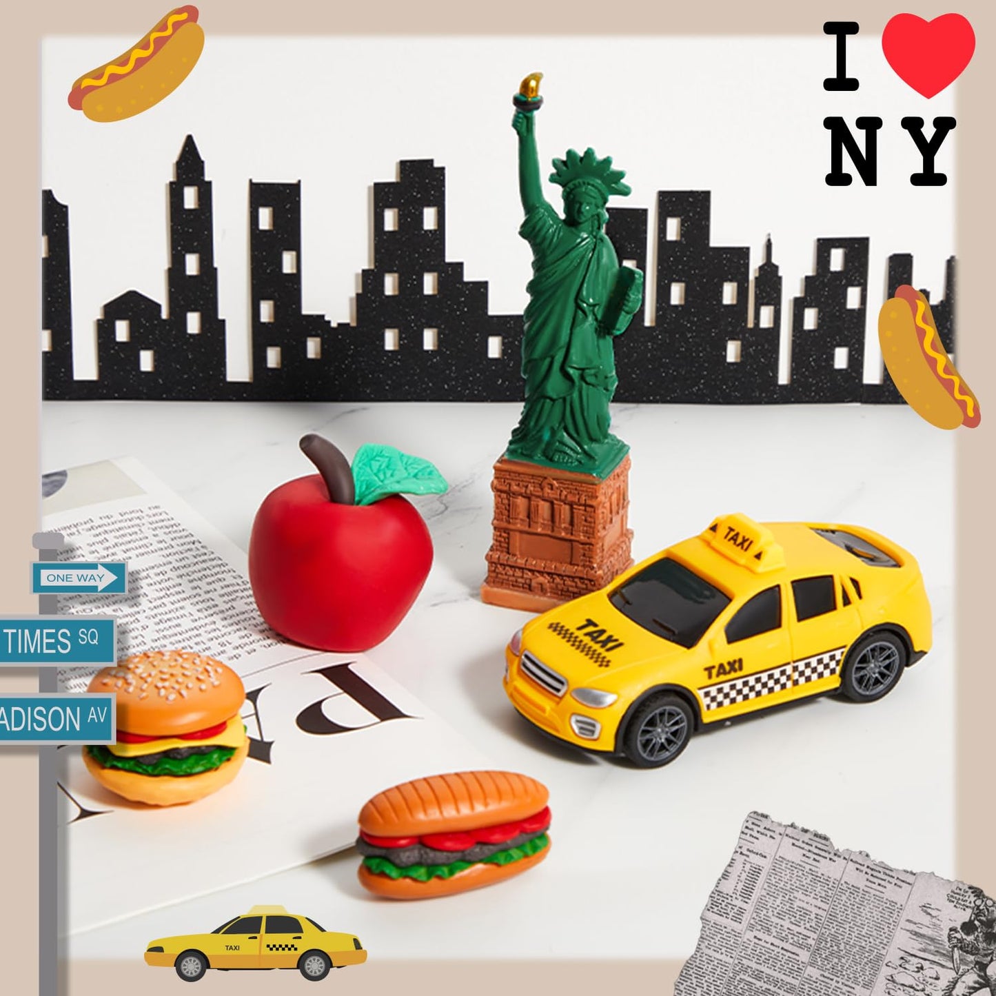 Gemscream 9 Pcs New York Cake Decorations New York Party Decorations Mini Statue of Liberty Yellow Taxi Apple Skyscraper Borders Hot Dogs for American Theme Party Birthday NYC Souvenirs Gift