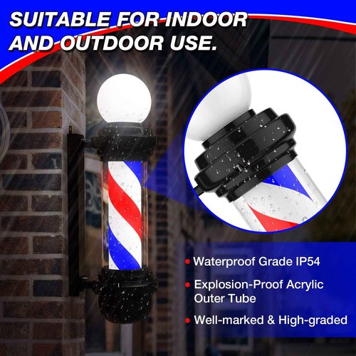 Noverlife 27inch Hair Salon Pole Light, Hairdressing Rotating LED Sign Wall Mounted Red White Blue Stripes Light, Save Energy Barbershop Rotating Open Sign Strips Lamp for Indoor & Outdoor