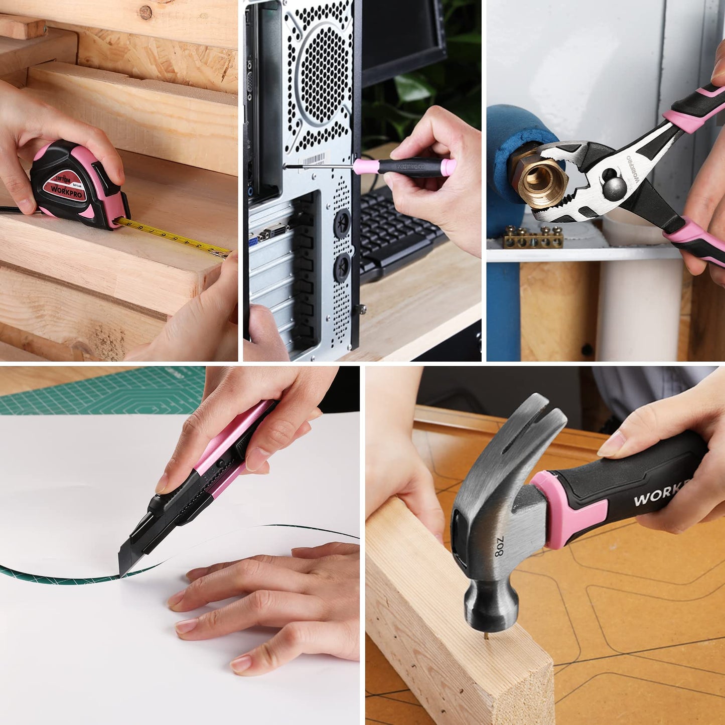 WORKPRO Pink Tool Set with 3.7V Rotatable Electric Screwdriver, 18PCS Portable Ladies Home Tool Kit with Toolbox, Cordless Electric Screwdriver Kit, Household tool kit for Dorm, Apartment -Pink Ribbon