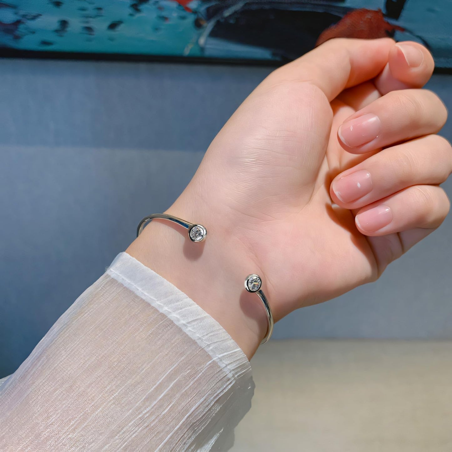 Handmade 925 Sterling Silver Bracelet Minimalist Silver Bangle Bracelet Open Adjustable Simple CZ Cuff Bracelets for Women Teen Girls Fashion Dainty Jewelry Women Gift for birthday Valentine's Day