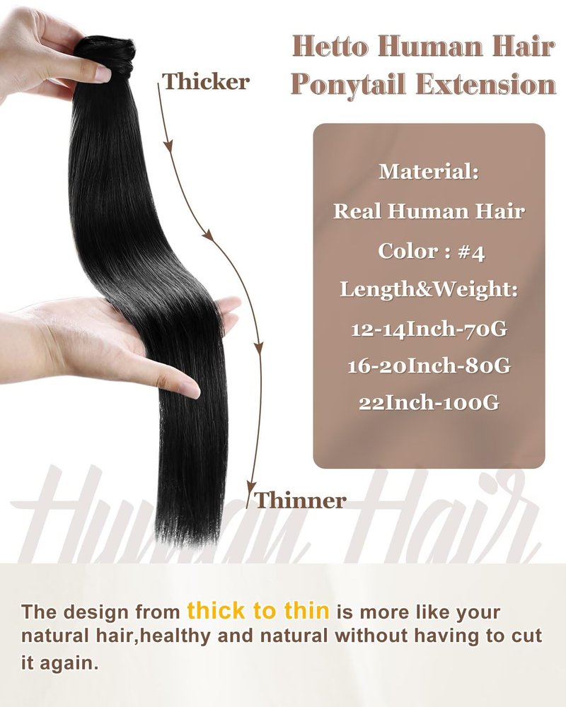 Hetto Ponytail Extension Human Hair Black 12Inch 70g