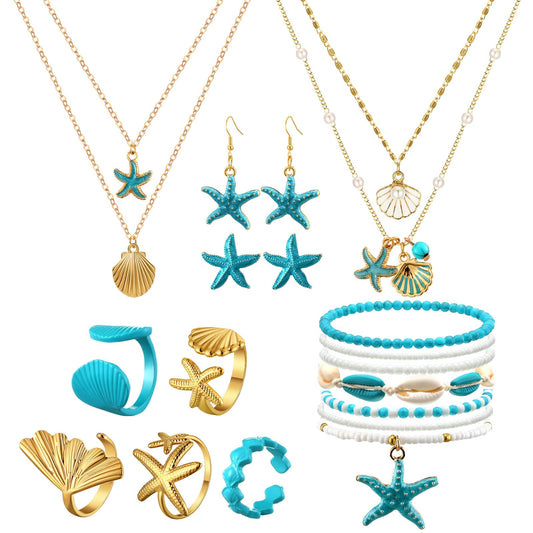 16 Pcs Seashell Starfish Jewelry Set for Women Seashell Earrings Rings Boho Layer Charm Necklace Summer Beach Bracelets Natural White Anklet for Summer Holiday Vacation Accessories(Blue,Starfish)