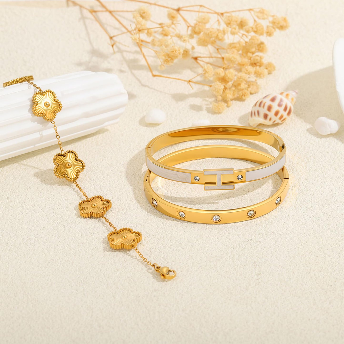 Camhanno Gold Clover Bracelets for Women - 18K Gold Plated Stainless Steel Dainty H Bangle Bracelets| Daily & Party Wear Jewelry, Easter Christmas Mothers Day Gifts