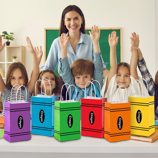 24Pcs Welcome Back to School Crayon Gift Bags for Teacher First Day of School Candy Boxes with Handle Crayon Shaped Goodie Bag for Kindergarten Graduation Birthday Baby Shower Party Supplies