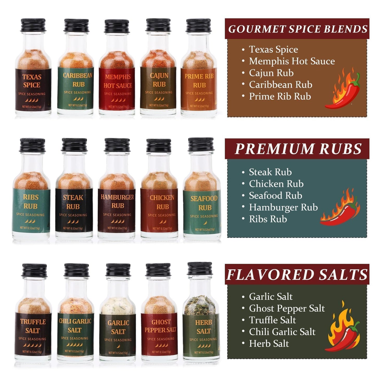 Grilling Seasoning Gift Set-15 Pack Unique Spices and Seasonings Sets for Men, All-Purpose BBQ Spices and Rubs Set, Birthday Gifts for Him, Husbands, Dad, Son, Mother, Father, Cooking Chefs