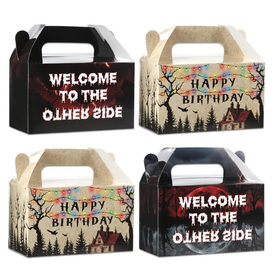 12pcs Scary Retro House Gift Paper Boxes Party Favors Spooky Forest Gable Boxes with Handle Rustic Alphabet Party Decorations Colorful Light Bulbs Gifts Wrapping Supplies for Birthday Baby Shower