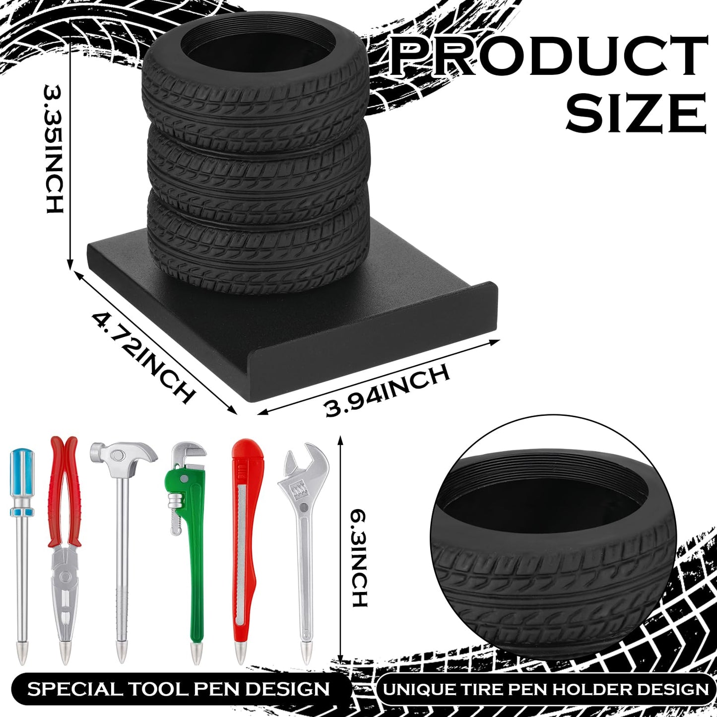 Fuyoooo 7 Pcs Tire Shape Stationery Set Tire Pen Holder Gift Business Card Holder Automotive Desk Organizer for Man Tool Wrench Pens Fun Office School Cool Mechanic Gifts Car Lover Sales Accessories