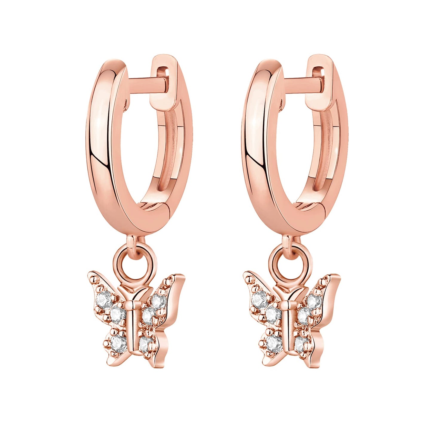 PAVOI 14K Rose Gold Plated 925 Sterling Silver Post Cute Dangle Huggie Hoop Earrings For Women - Trendy Butterfly Hoop Earrings - Small Hinged Huggies