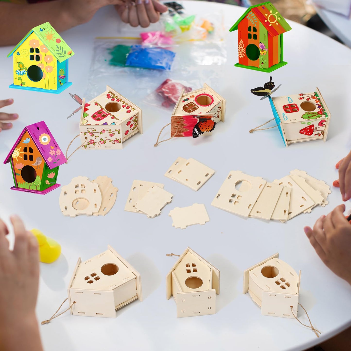 Sawysine 93 Pcs DIY Birdhouse Kits for Kids to Build, 36 Wooden Bird House 6 Shapes and 57 Butterfly Sticker for Children Spring Craft Activity Art Project DIY(Round Entrance)