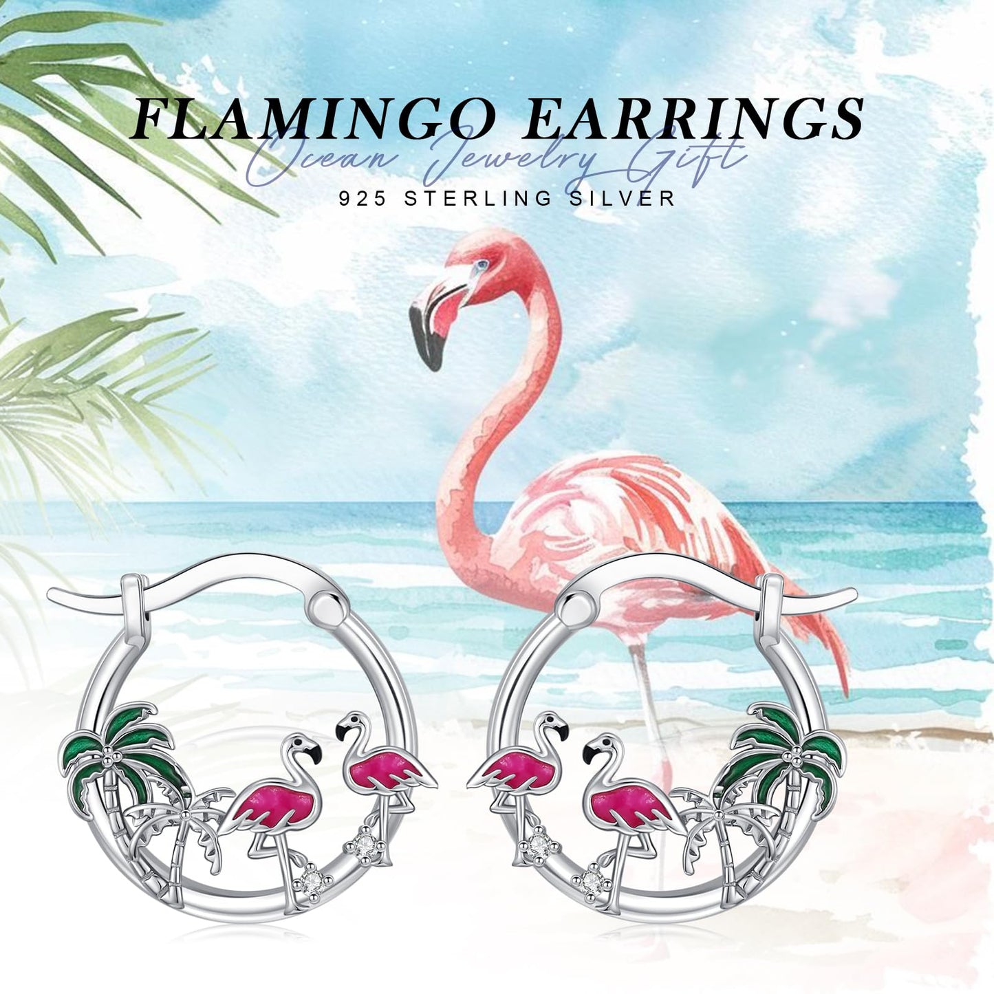 Flamingo Earrings 925 Sterling Silver 2 Pink Bird Hoop Earrings Palm Tree Hawaiian Jewelry Graduation Gifts for Women Daughter Her