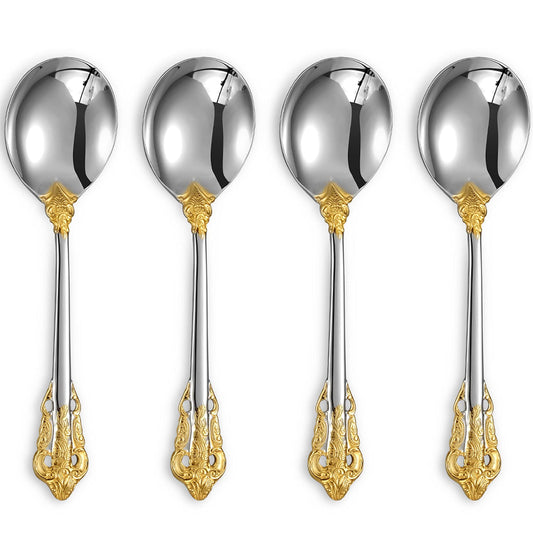 KEAWELL Gorgeous Round Soup Spoon, Set of 4, 18/10 Stainless Steel, Luxury Bouillon Spoon, Dishwasher Safe, Fine Mirror Polished (Gold Accent)