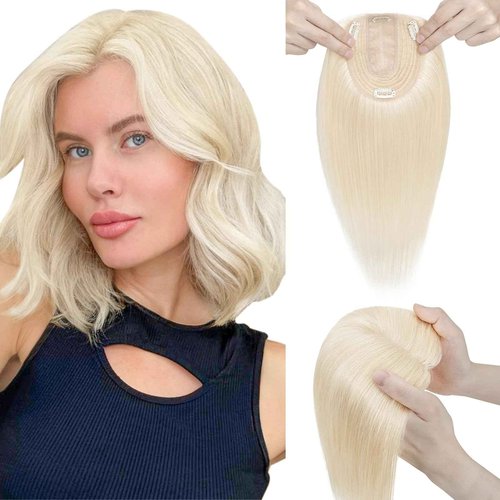 Elailite Hair Toppers for Women With Thinning Hair - Real Human Hair V3.0 Clip in Pieces 10 Inch Middle Parting for Loss Cover Gray Fine [Style-B] #60 Platinum Blonde