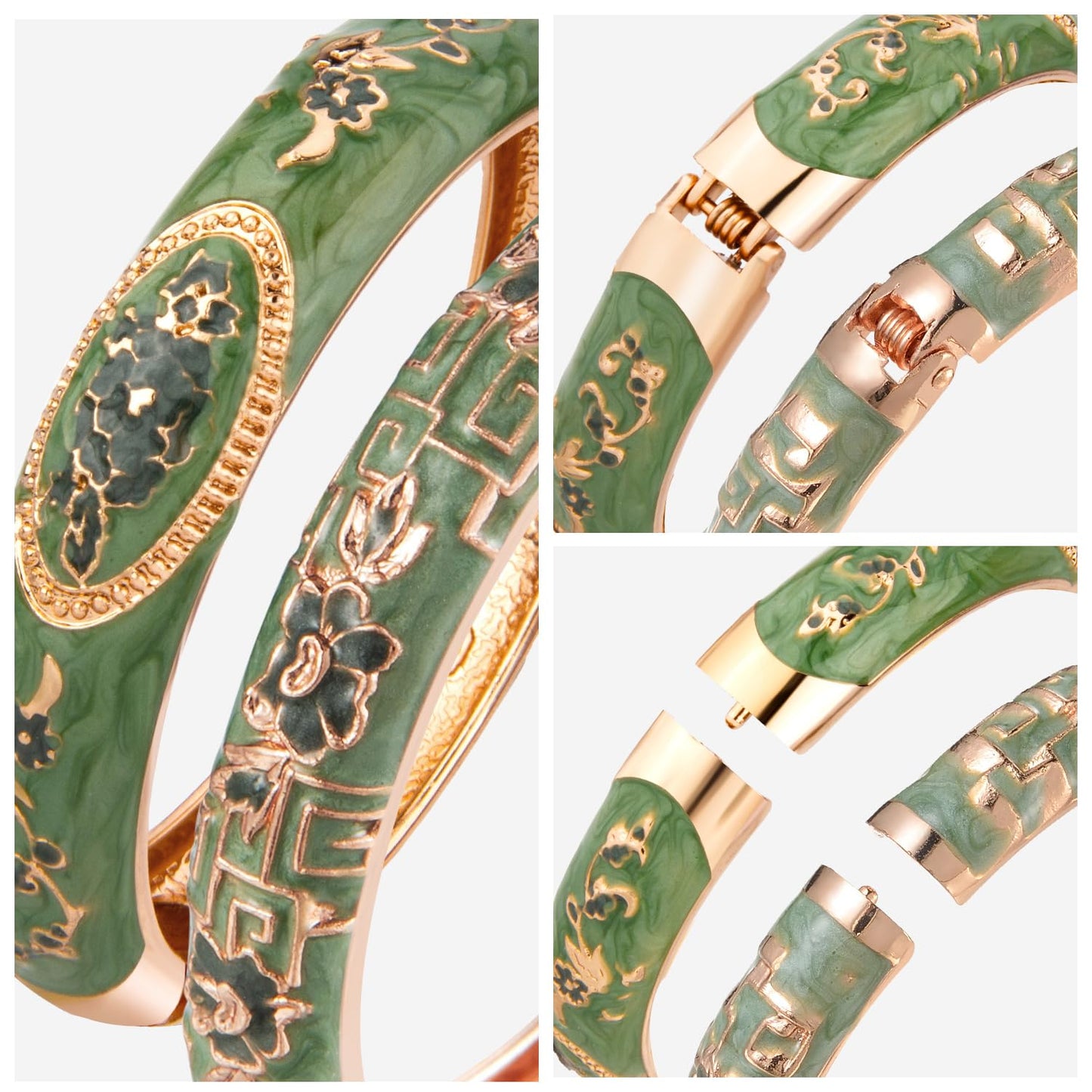 UJOY Fashion Cloisonne Bracelets Colorful Enameled Flower Spring Hinged Plated Bangles Womens Jewelry Gifts 55C58-55A114 Green