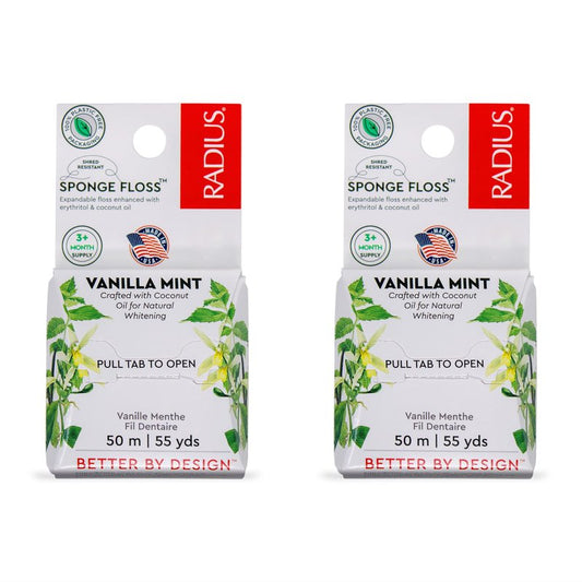 Radius Dental Floss, Sponge Floss, Vanilla Mint, 55 Yards, Vegan & Non-Toxic Oral Care Designed to Help Fight Plaque, Pack of 2