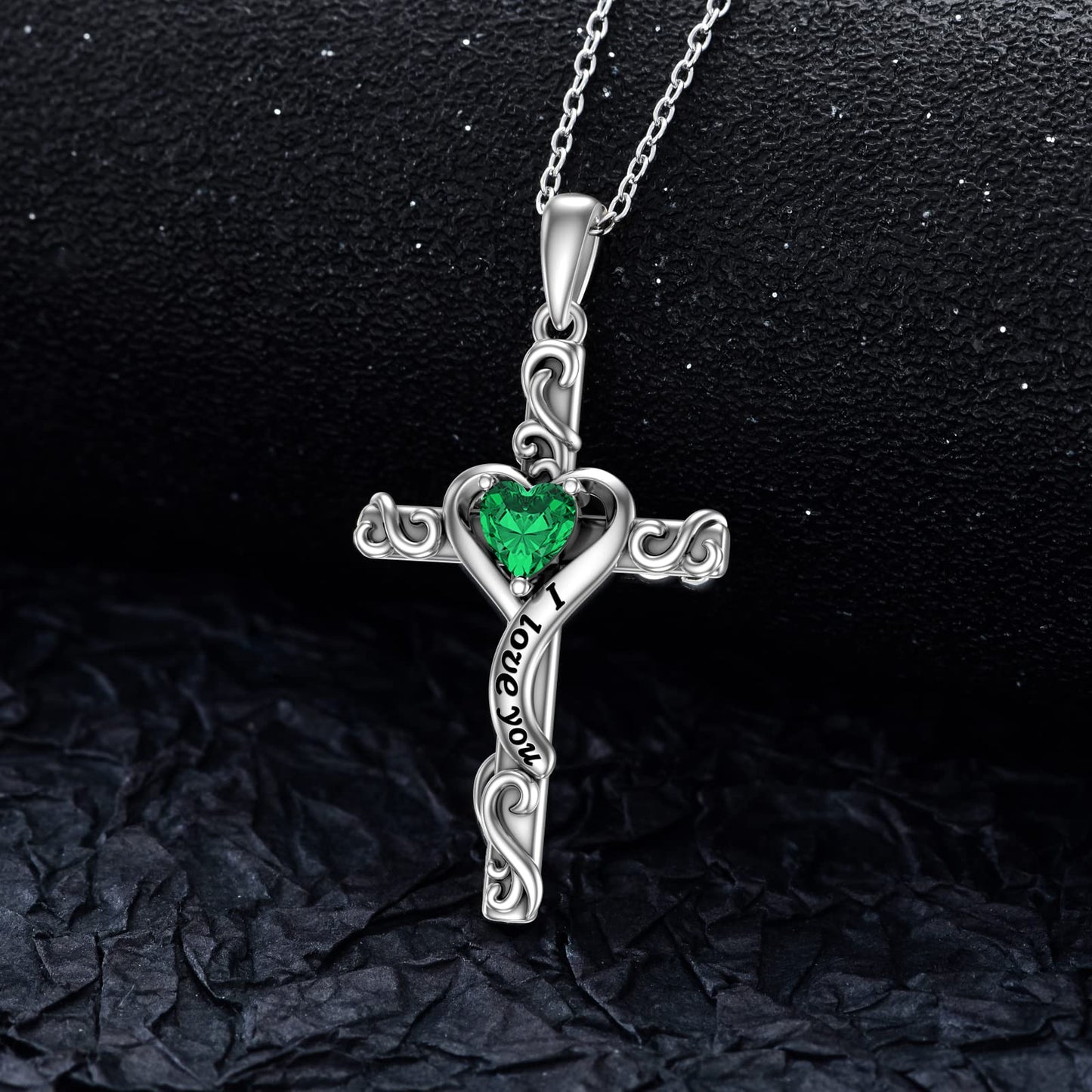 TOUPOP Emerald Cross Necklace for Women Sterling Silver May Birthstone Cross Pendant Necklace Heart Love Jewelry for Her Girlfriend Wife Mom Anniversary Birthday Mothers Day Gifts