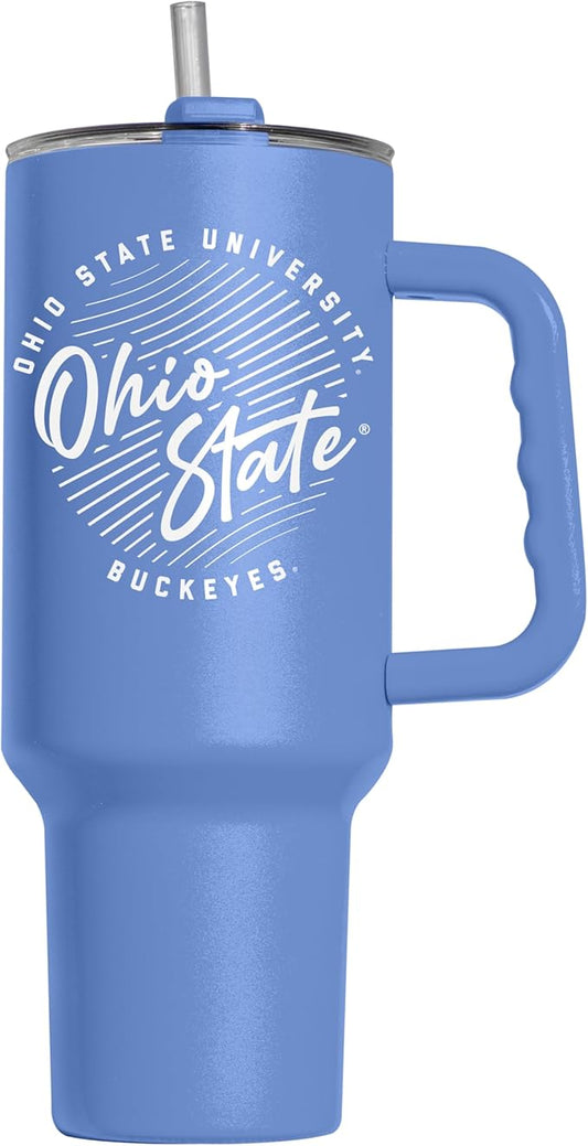 Logo Brands NCAA Ohio State Buckeyes Retro Script Arctic 40 oz Tumbler with Handle - Stylish Everyday Use Powder Coated-Stainless Steel with Straw- Keeps Cold For Hours