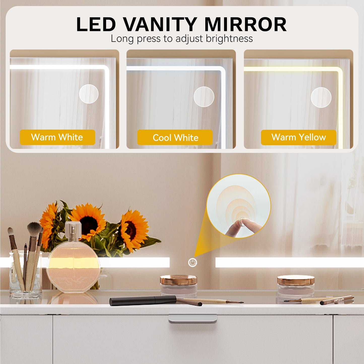 DWVO Vanity Desk Set with Mirror & Power Outlets, Vanity Table with 3 Dimmable Light Colors, 10 Drawers, Hair Dryer Rack – Modern Makeup Table with Hidden Storage Stool