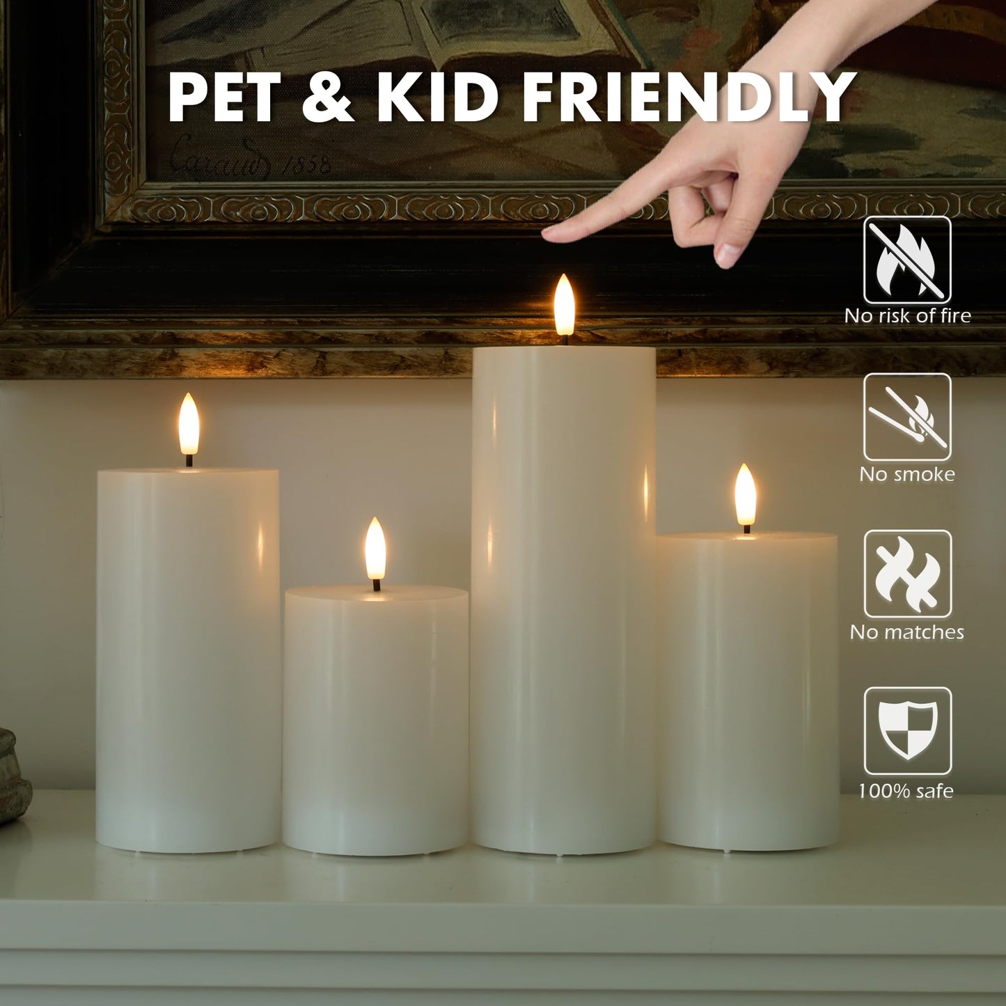 AFINETH White Flameless Pillar Candles, Battery Operated Wax Candles with Remote, Flat Top Flickering Flameless Candles, LED Candle for Home, Wedding, Party Decor, Set of 4, Φ 3" H 4"" 5"" 6"" 8"""