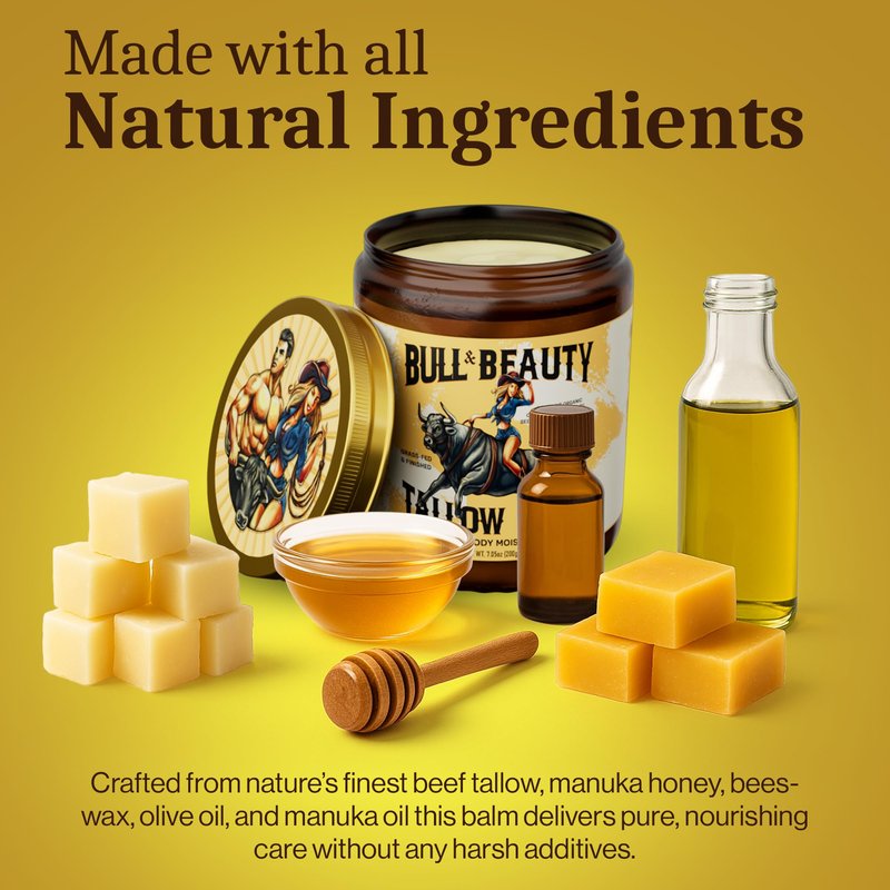 Bull & Beauty Organic Beef Tallow and Honey Balm 7.05oz Organic Beef Tallow for Skin - 100% Grass-Fed Unscented Beef Tallow Moisturizer for Skin & Face with Manuka Honey, Olive Oil & Beeswax