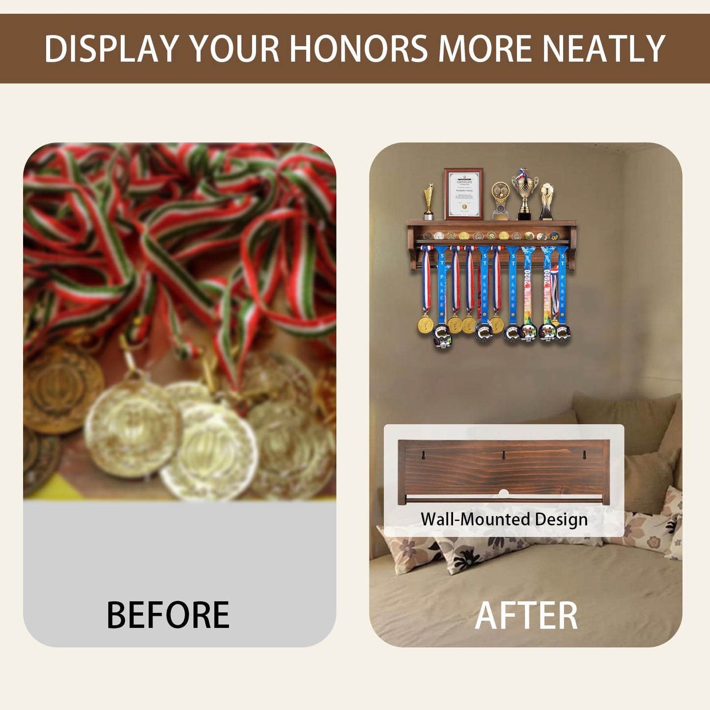 IHEIPYE Solid Wood Medal Hanger Display Shelf Medal Holder, Wall Mount Medal Rack Display Holder for Runners, Marathon, Race Winner,Soccer, Football, Gymnastics & All Sports-Walnut
