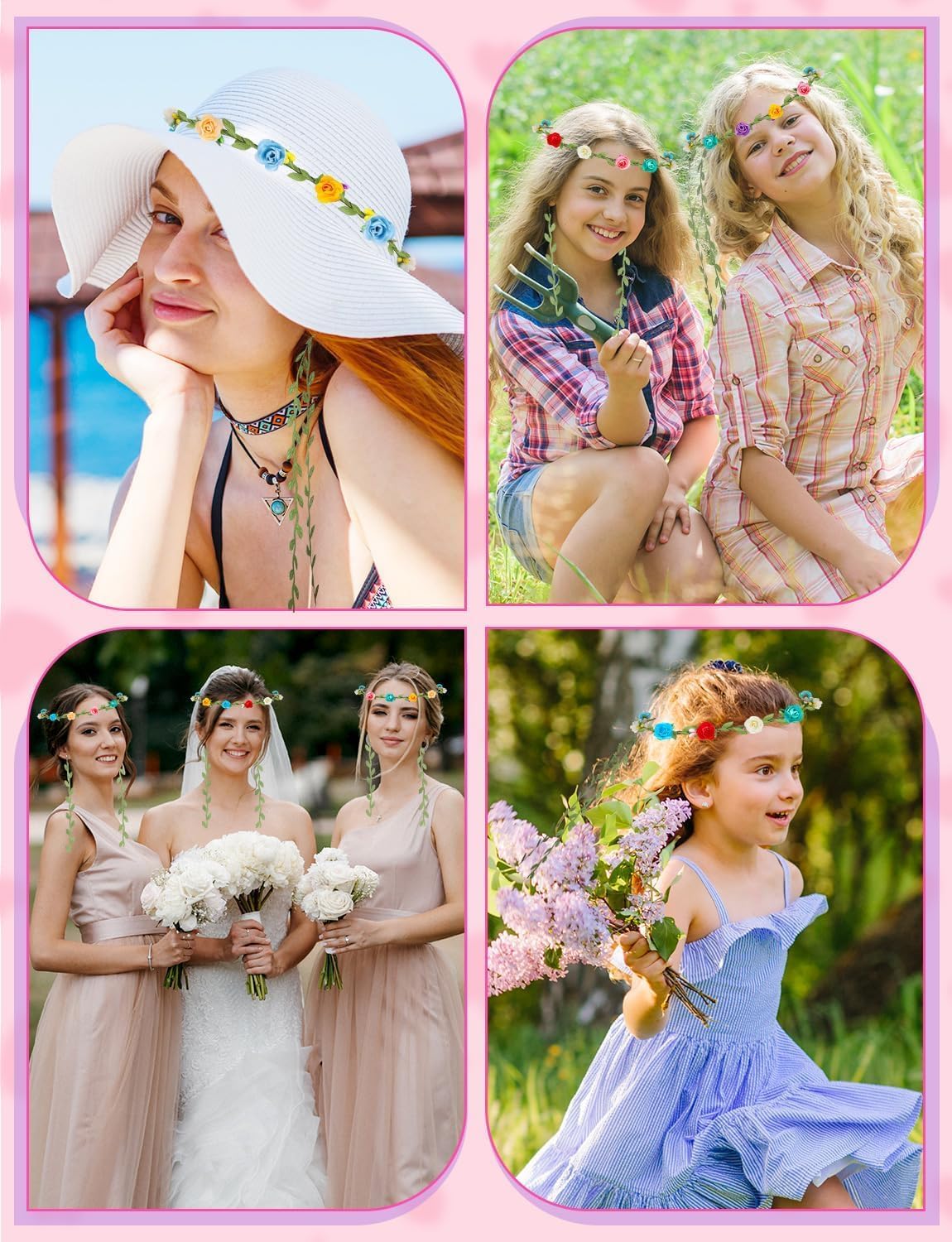 LSLYHTC 20 Pieces Flower Crown Headbands for Women Girls, Adjustable Floral Wreath Garland Headpiece, Multicolor Boho Flower Tiara for Wedding Festival Easter Party Photography Props