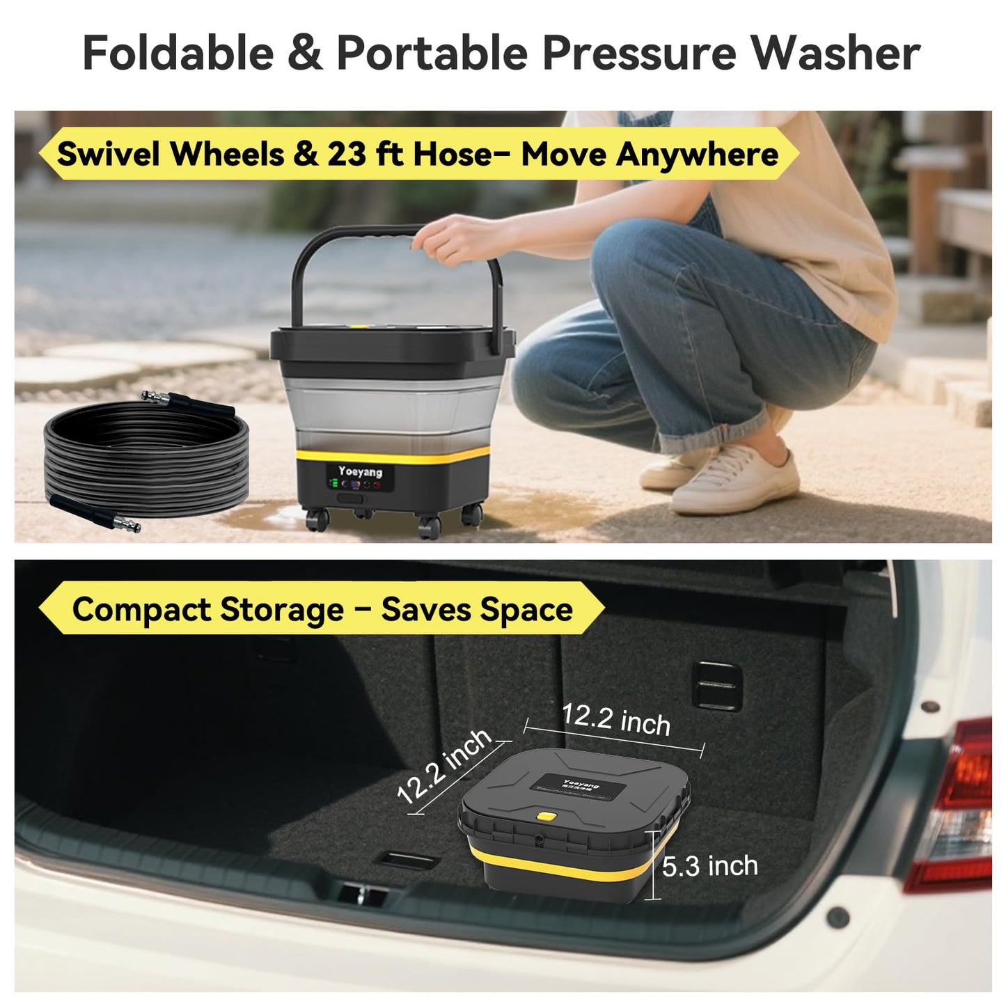 Portable Cordless Pressure Washer with Tank: 1200 PSI Foldable Power Washer – 3.4 Gal Tank, 7-Level Adjustable Sprayer & 360° Nozzle – Compact Electric Cleaner for Car, Garden, Patio, Camping