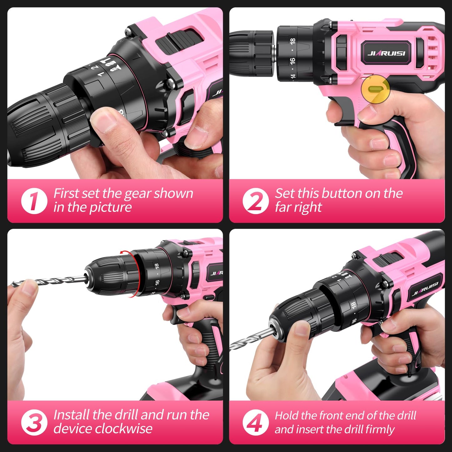 20V Cordless Drill, Electric Power Drill Set with Battery Charger and Carrying Case, 3/8” Keyless Chuck, 2 Variable Speed, 18+3 Torque, 72pcs Driver Bits and Belt Hook, Pink