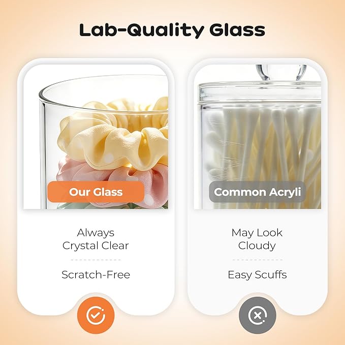 Glass Qtip Holder Dispenser Set - 10oz Cotton Swab Holder with Bamboo Lids, Bathroom Canisters Apothecary Jar Vanity Storage Organizer for Cotton Balls Pads, Floss Picks (2 Pack)