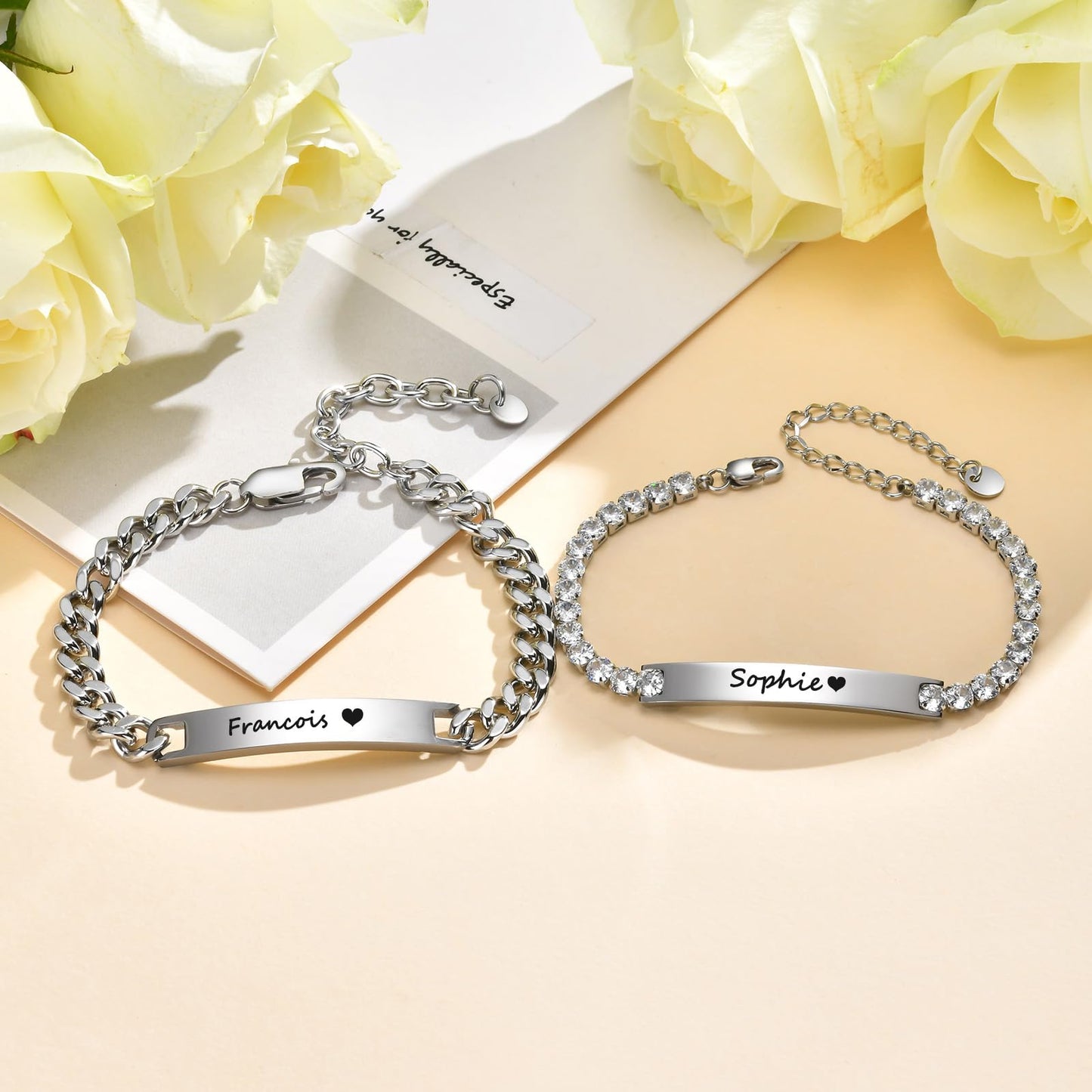 Personalized Matching Bracelet for Couple - Custom Engraving Couple Bracelet,Stainless Steel Long Distance Relationship Jewelry,Promise Bracelet for Him/Her,Valentine's Day Anniversary Birthday Gifts