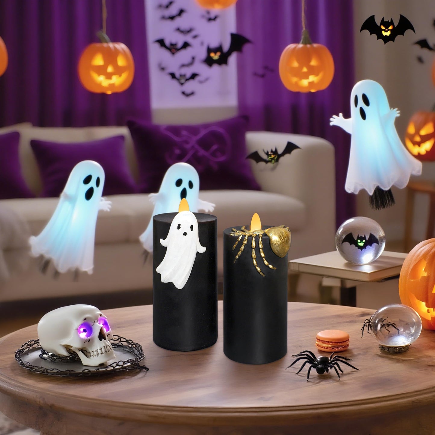 Silverstro Halloween Flameless Candles with Remote & Timer, Real Wax Hand-Carved Painted Ghost Spider LED Candles for Home Party Haunted House Horror Theme Halloween Decor, 3" x 7"" Set of 2"