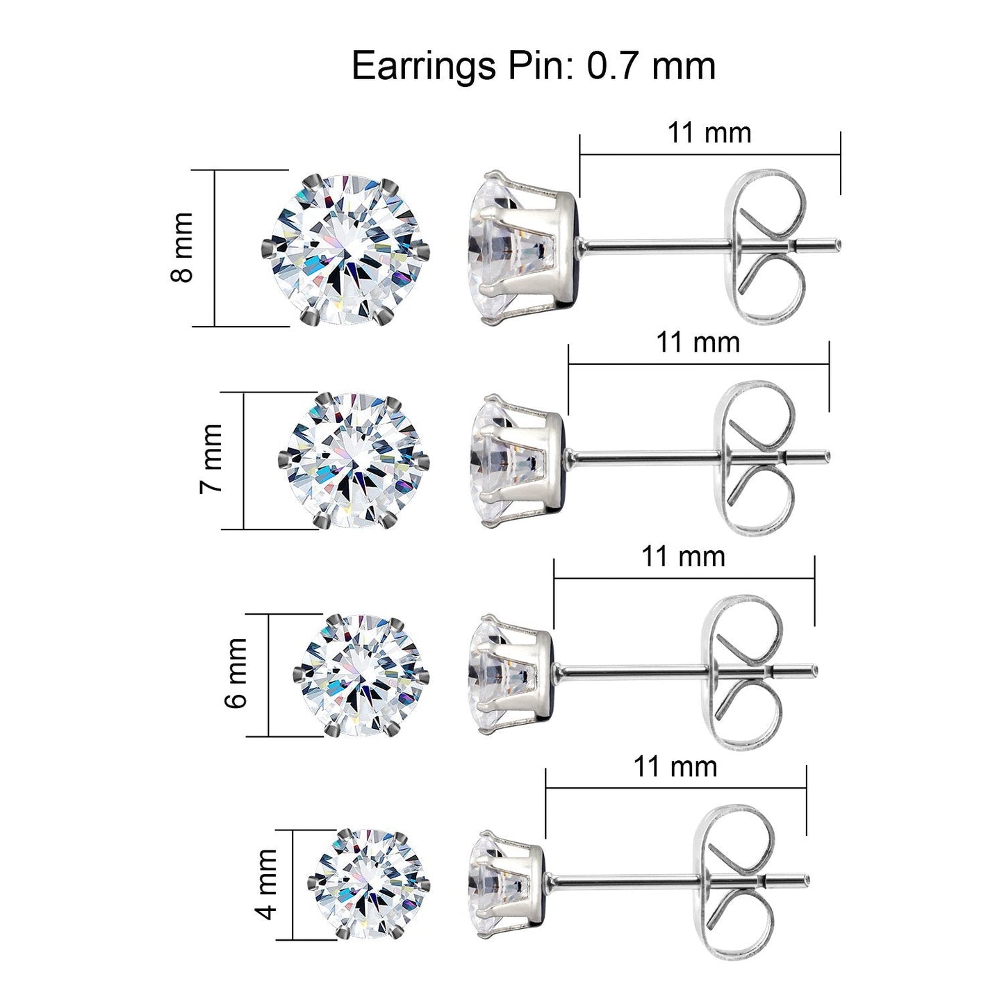 JewelrieShop Earrings for Women Studs Set Stainless Steel CZ Earing Hypoallergenic Multiple Piercing Ear Stud (8 pairs,4-8mm,White,Purple CZ)