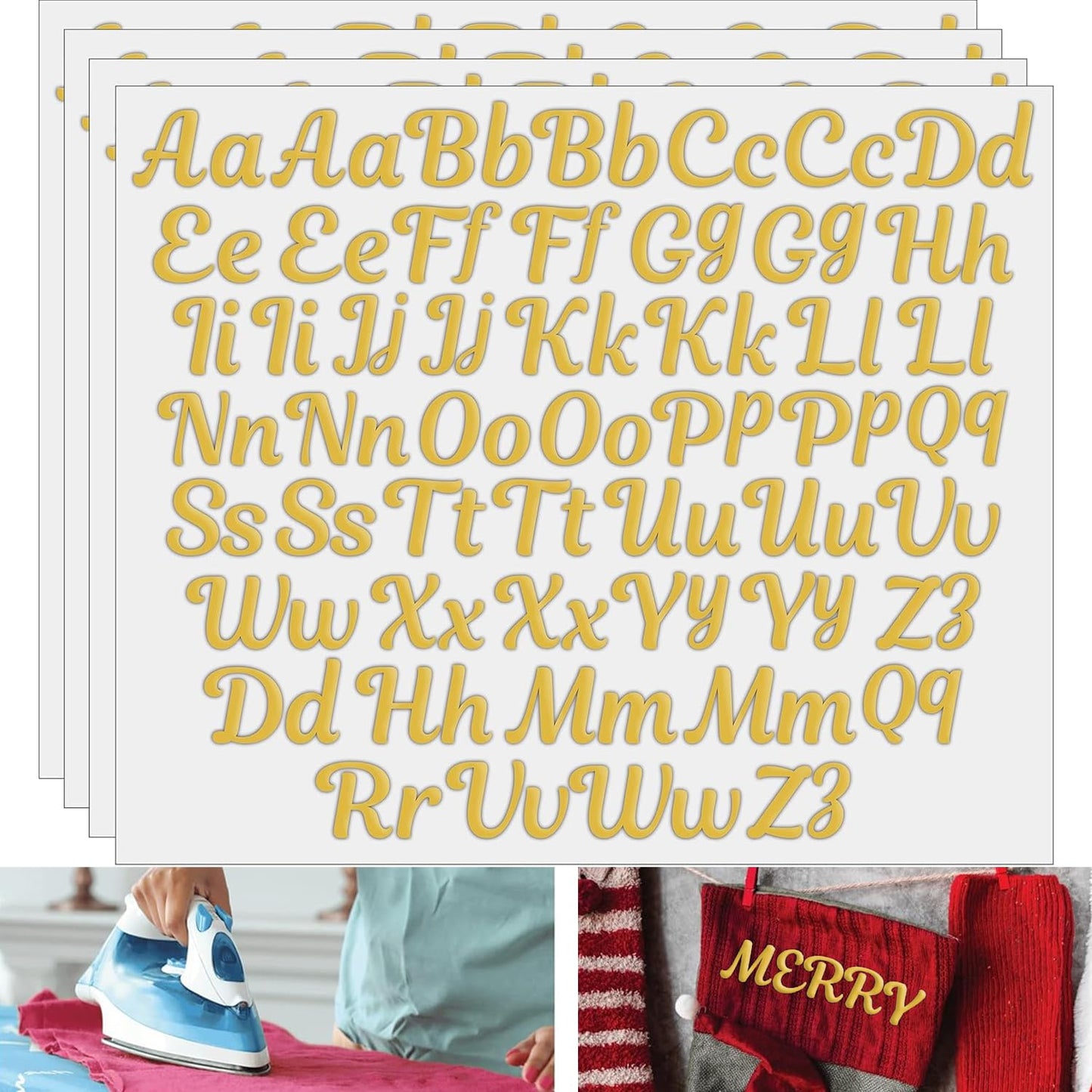 Laughing Lizards Yellow Gold Iron On Letters for Fabric & Clothing (208 Pieces) Iron On Letters for Christmas Stockings, 1.5" Cursive Iron On Lettering & Small Letters (Yellow Gold)