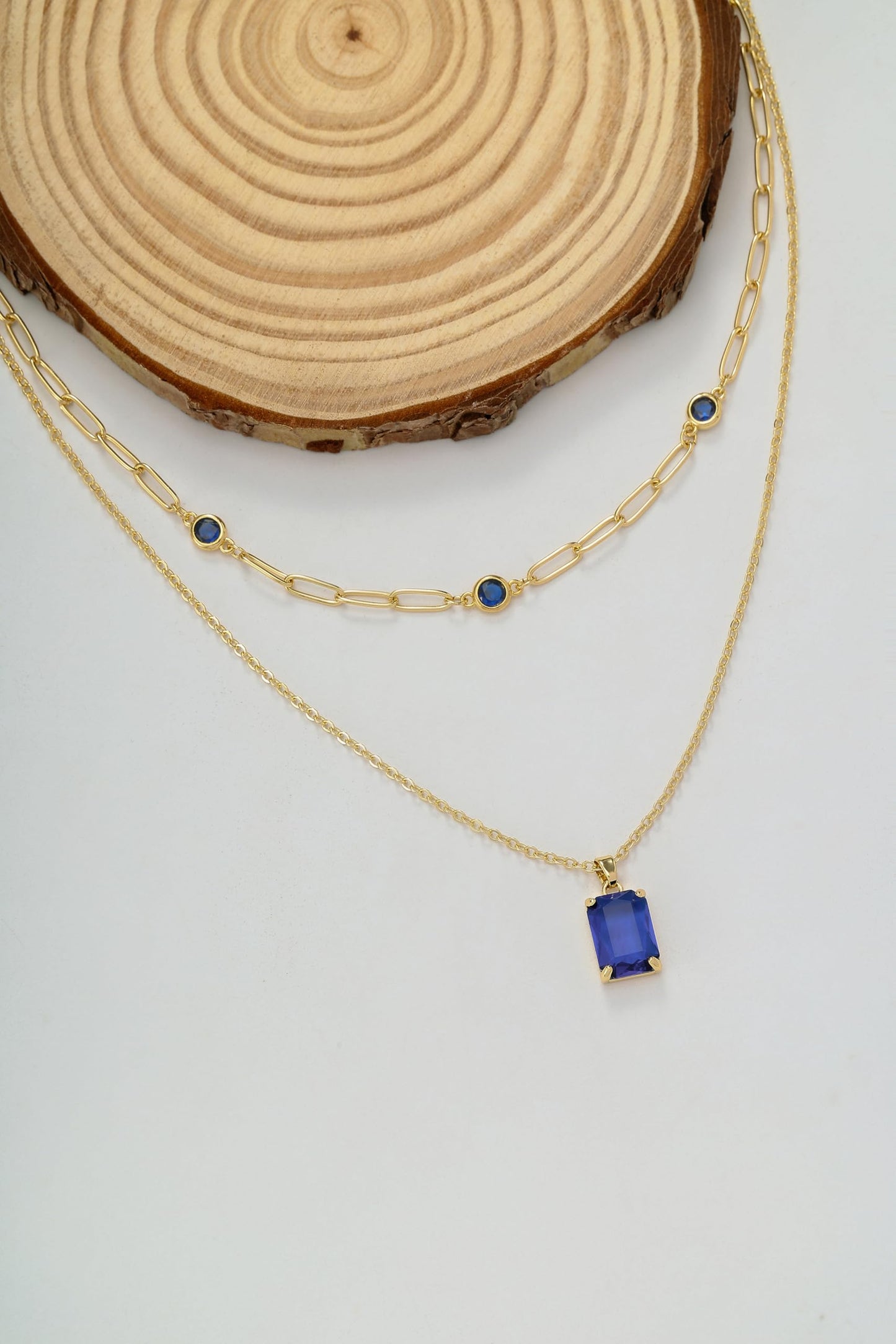 VANGETIMI Blue and Gold Layered Pendant Necklaces for Women 14k Gold Plated Crystal Choker Necklace Paperclip Rhinestone Necklace Party Prom Jewelry