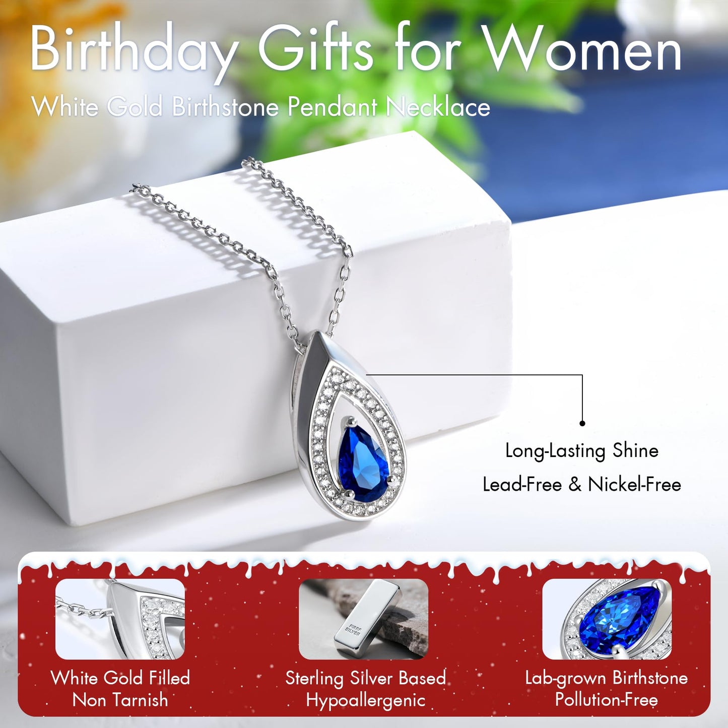 Kstyle 925 Sterling Silver Sapphire September Birthstone Pendant Necklace Teardrop Jewelry Valentine's Day Anniversary Birthday Gift for Wife Girlfriend Her Mom Sister Non Tarnish