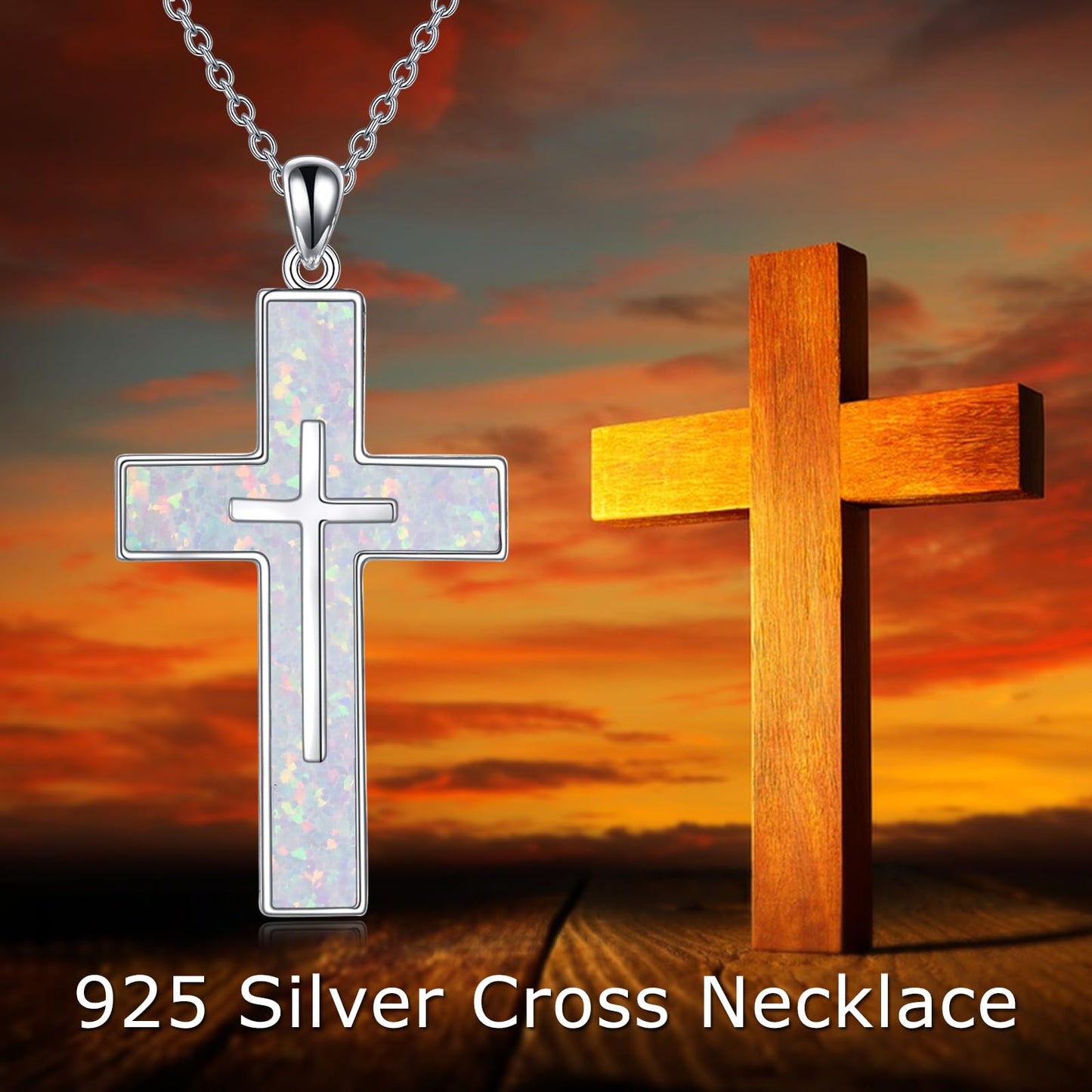 YFN White Opal Cross Necklace Sterling Silver Cross Pendant Jewelry Gifts for Women Men