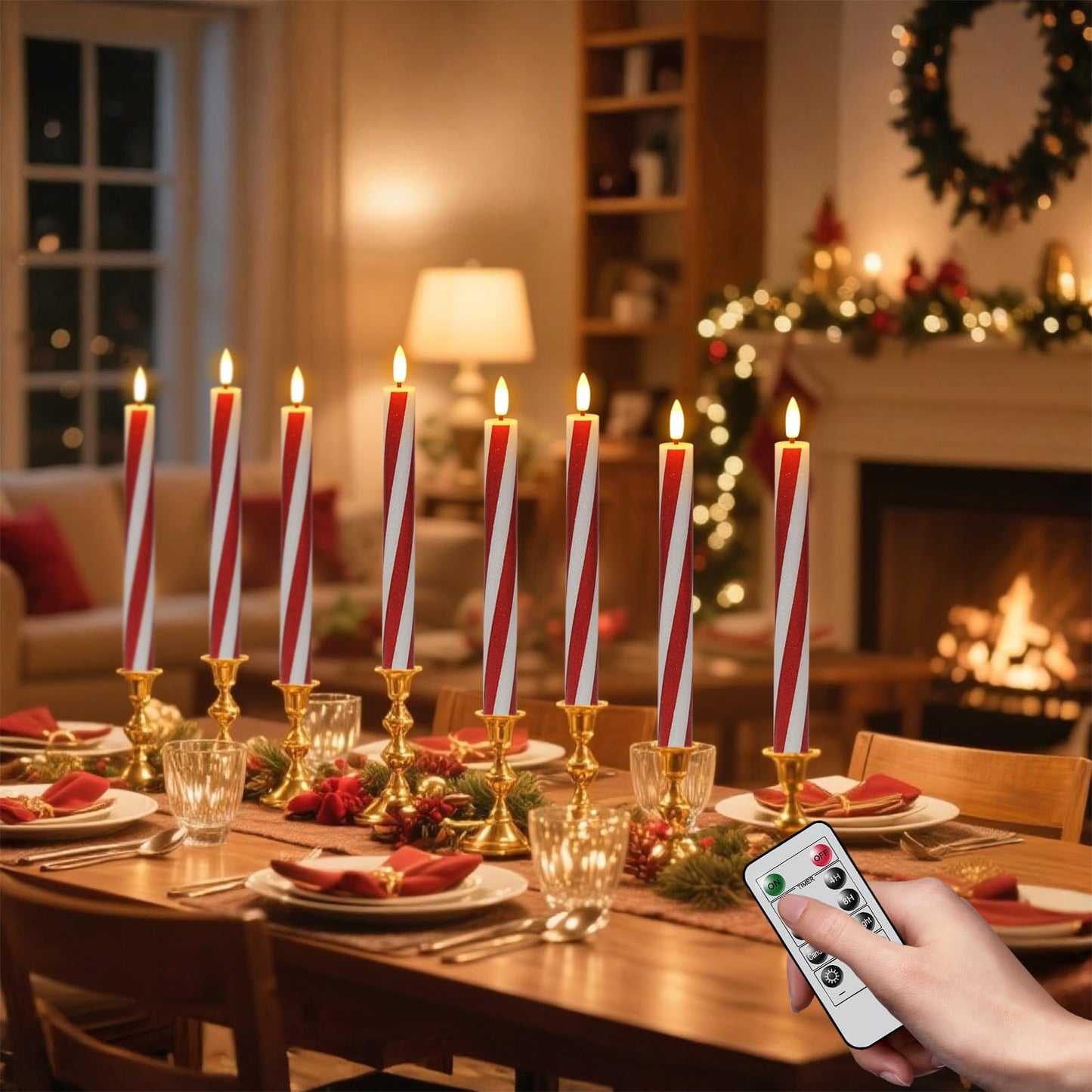 DRomance Christmas Flameless Taper Candles Flickering Battery Operated with Remote Timer, 2 Pack Real Wax 3D Wick LED Taper Candles Candy Cane Decals Holiday Indoor Dinner Decor(0.76" D x 9.65"" H)"