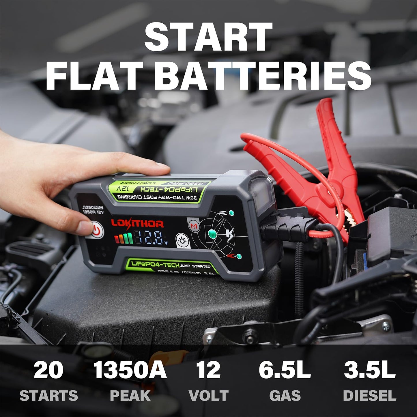 LOKITHOR J1350 PRO Jump Starter with ConnectMax, 1350 Amp LiFePO4 Jump Box for 6.5L Gas and 3.5L Diesel Engines, Car Jumper Starter Portable with 30W Two-Way Fast Charging and More 2000 Cycle Life
