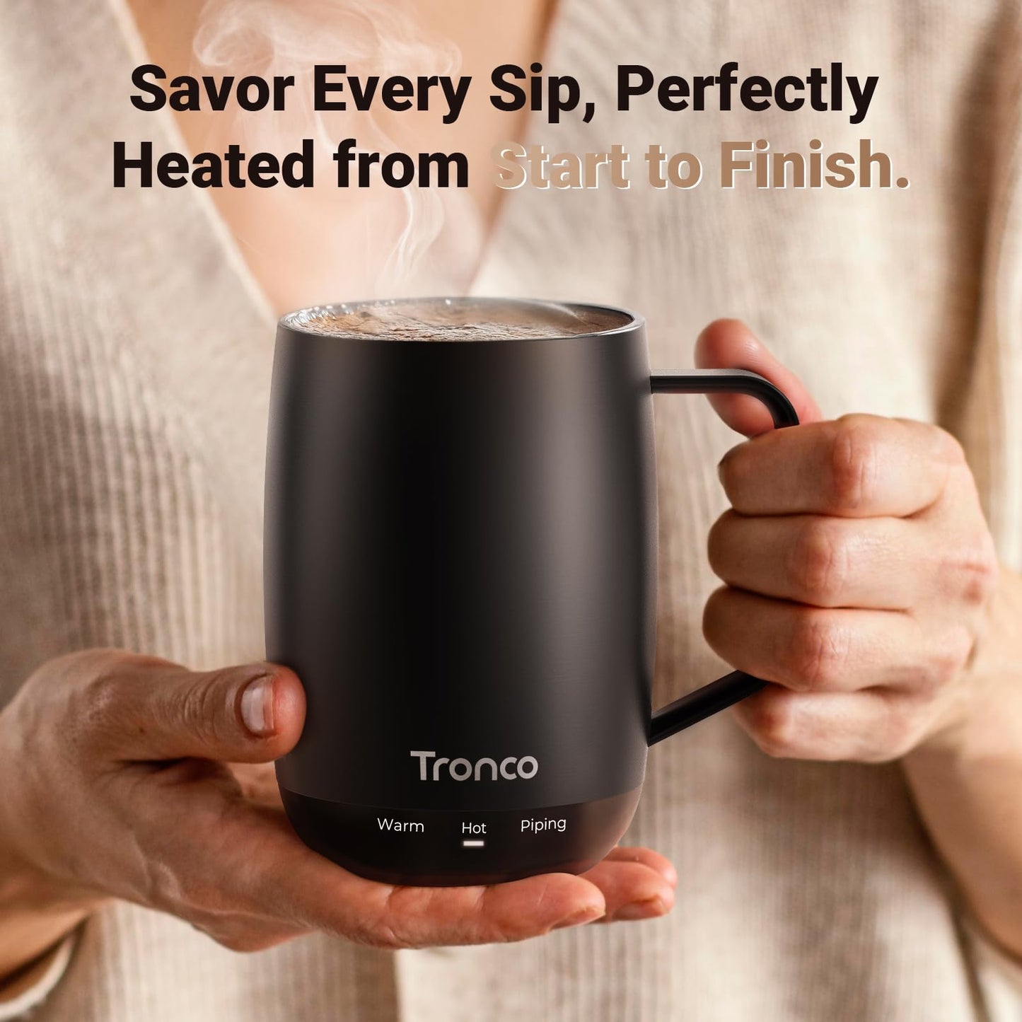 Tronco Temperature Control Heated Coffee Mug 14 oz – Rechargeable Self-Heating Coffee Mug with Lid – Manual Control, 3 Modes, 130 Min Battery Life, Auto Shut-Off (Blue)