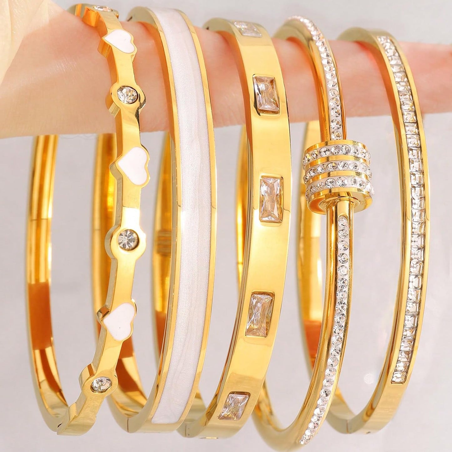Camhanno 18K Gold Plated Stainless Steel 5-Piece Gold Bangle Bracelet Set for Women - Pink Crystal Friendship & Love Heart Design, Stackable Bangles Jewelry - Ideal Birthday Gift for Women (White)